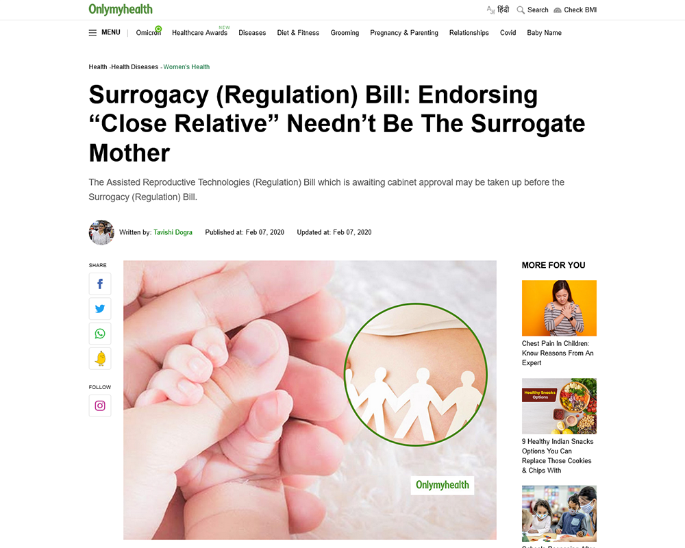 Surrogacy Regulation Bill Endorsing - Close Relative - Neednt Be The Surrogate Mother