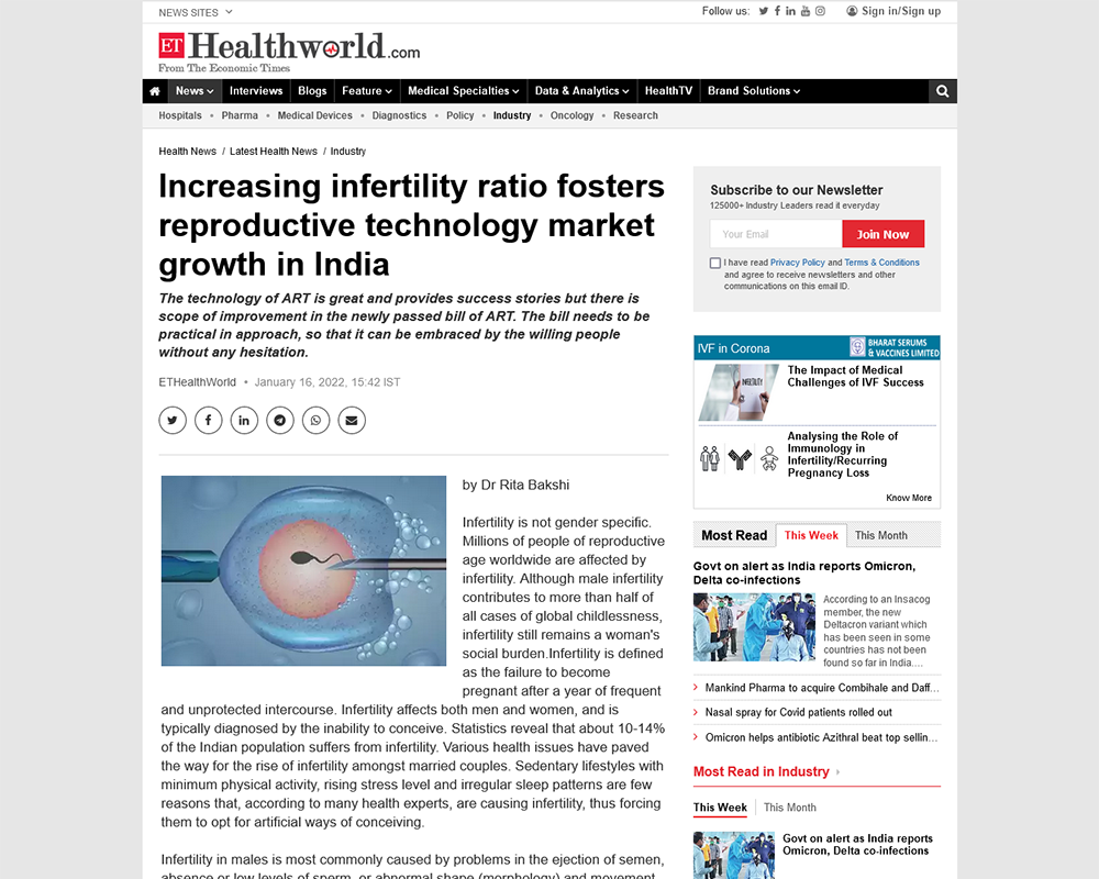 Increasing infertility ratio fosters reproductive technology market growth in India