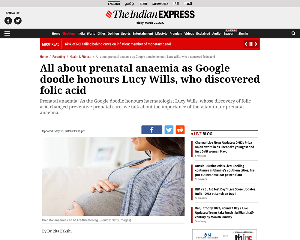 All about prenatal anaemia as Google doodle honours Lucy Wills, who discovered folic acid - Dr Rita Bakshi