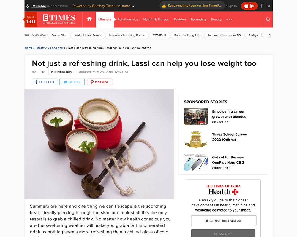 Not just a refreshing drink, Lassi can help you lose weight too - Times of India - Dr Rita Bakshi