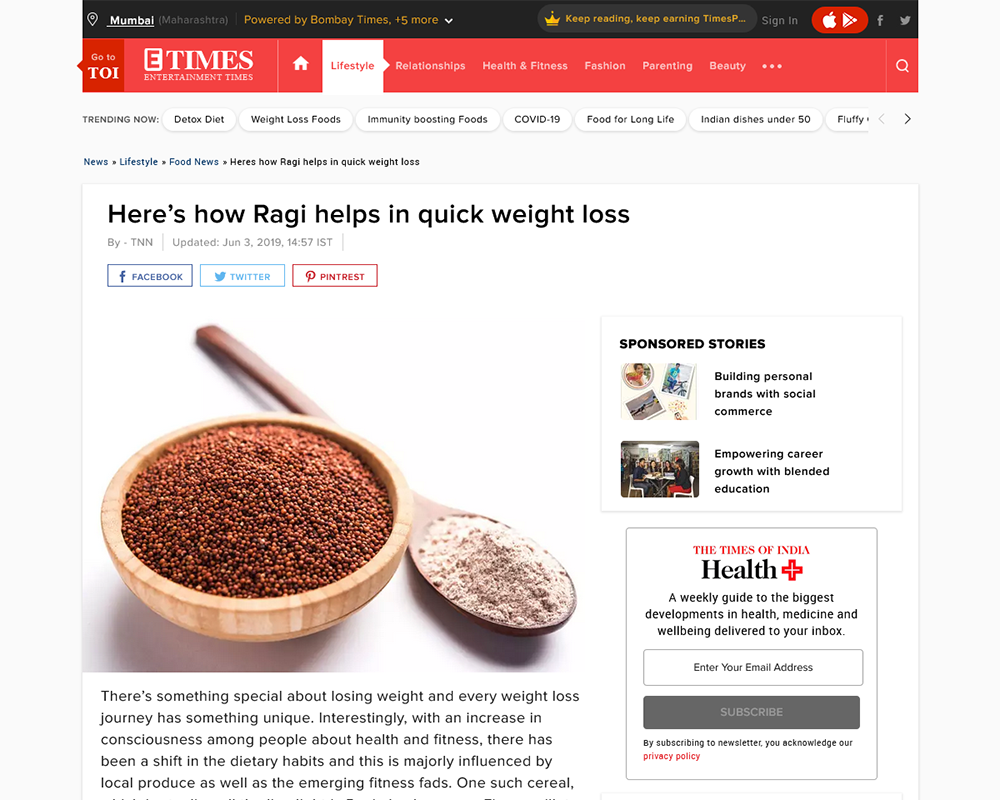 Here’s how Ragi helps in quick weight loss - Times of India - Dr Rita Bakshi