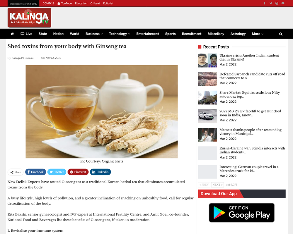 Shed toxins from your body with Ginseng tea - Kalinga