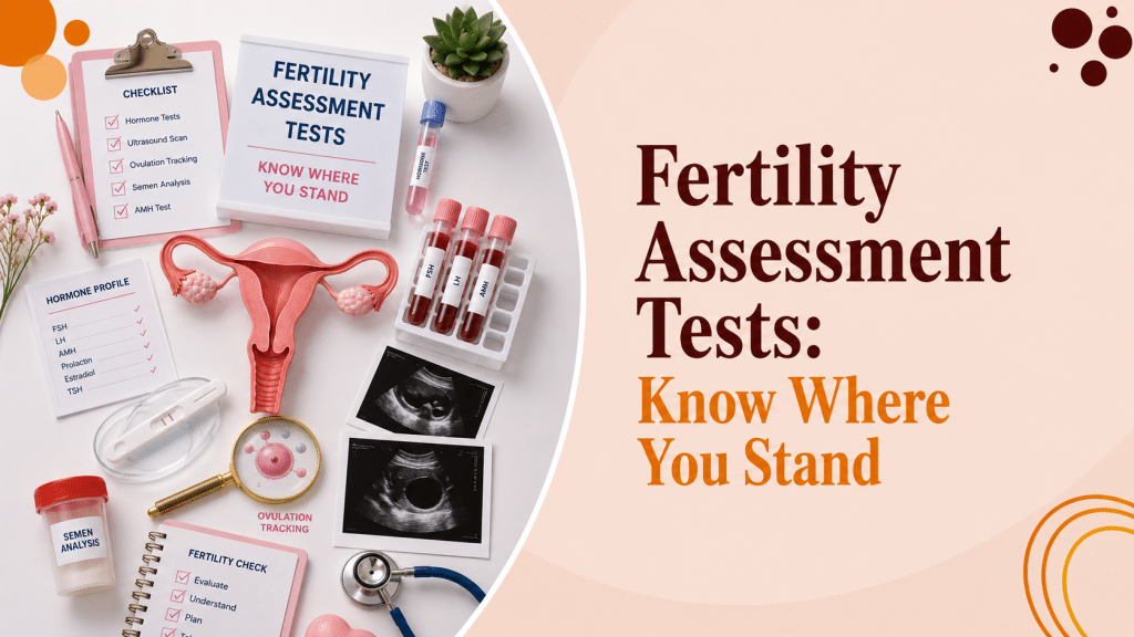"Flat lay of fertility assessment tools including hormone test blood vials (FSH, LH, AMH), ultrasound scans, semen analysis cup, ovulation tracking kit, and a uterus model, with the text 'Fertility Assessment Tests: Know Where You Stand'"